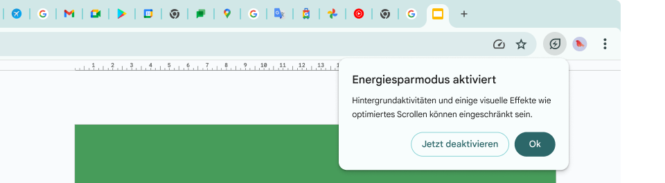 Das Symbol für den Energiesparmodus wurde ausgewählt. Es wird erklärt, dass Hintergrundaktivitäten und einige visuelle Effekte eingeschränkt wurden, damit weniger Arbeitsspeicher verbraucht wird.