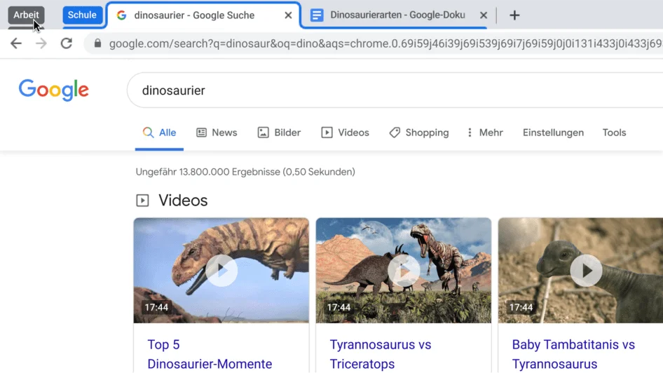 Chrome-Browserfenster mit einer minimierten Tabgruppe.