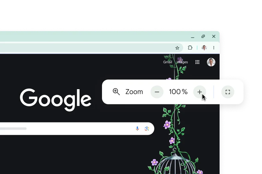 The Google homepage and a pop-up with Zoom set to 100%