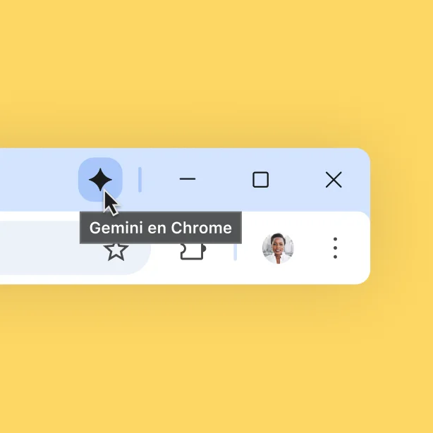 Se muestra un ícono de Gemini en la parte superior de una barra del navegador Chrome. El usuario coloca el cursor sobre el ícono. Un cuadro de información dice