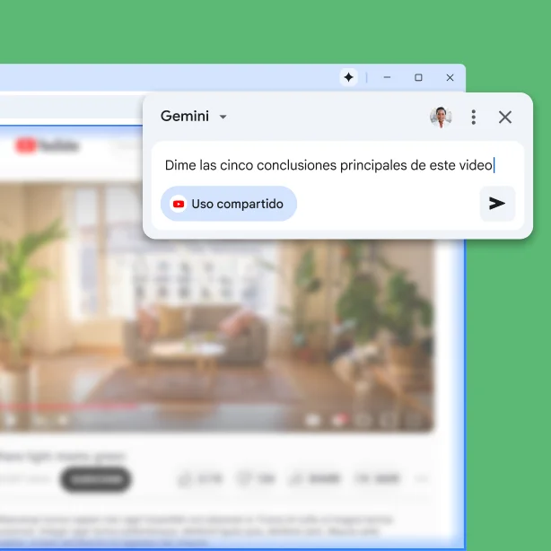La ventana emergente de Gemini en Chrome está en una página de YouTube. El usuario le pide a Gemini en Chrome las 5 conclusiones principales del video.