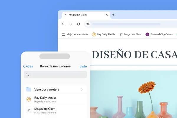 La barra de favoritos de Chrome en la pantalla de una computadora de escritorio y un teléfono celular