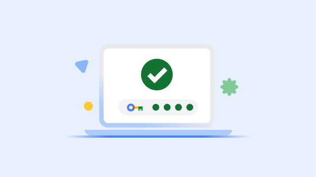 Pantalla de una laptop en la que se muestra una marca de verificación verde grande y una barra de progreso completada de llave de seguridad.